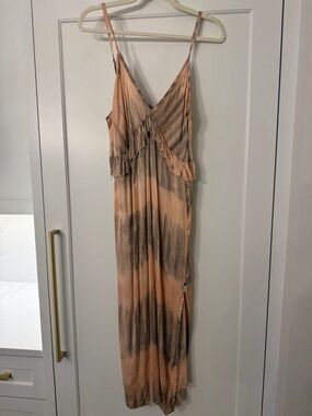 Peach and Taupe Tie-Dye Maxi Dress with Ruffle Trim